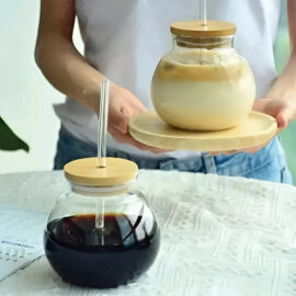 Pomegranate Round Glass Tumbler with Bamboo Lid & Straw