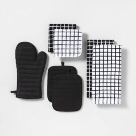 7pc Cotton Kitchen Textile Set Black - Room Essentials™: Includes Oven Mitt, Kitchen Towels, Pot Holders, Dish Cloths